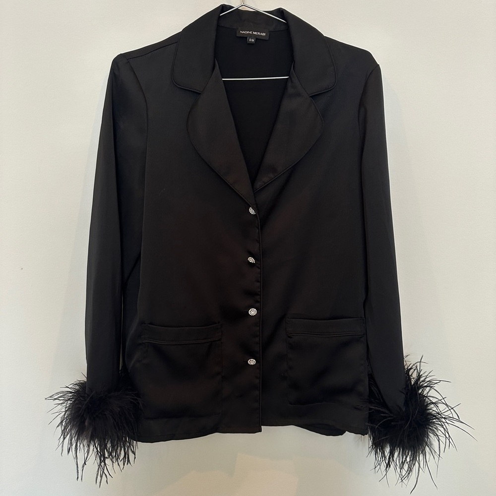Nadine Merabi Black Ostrich Feather Pajamas